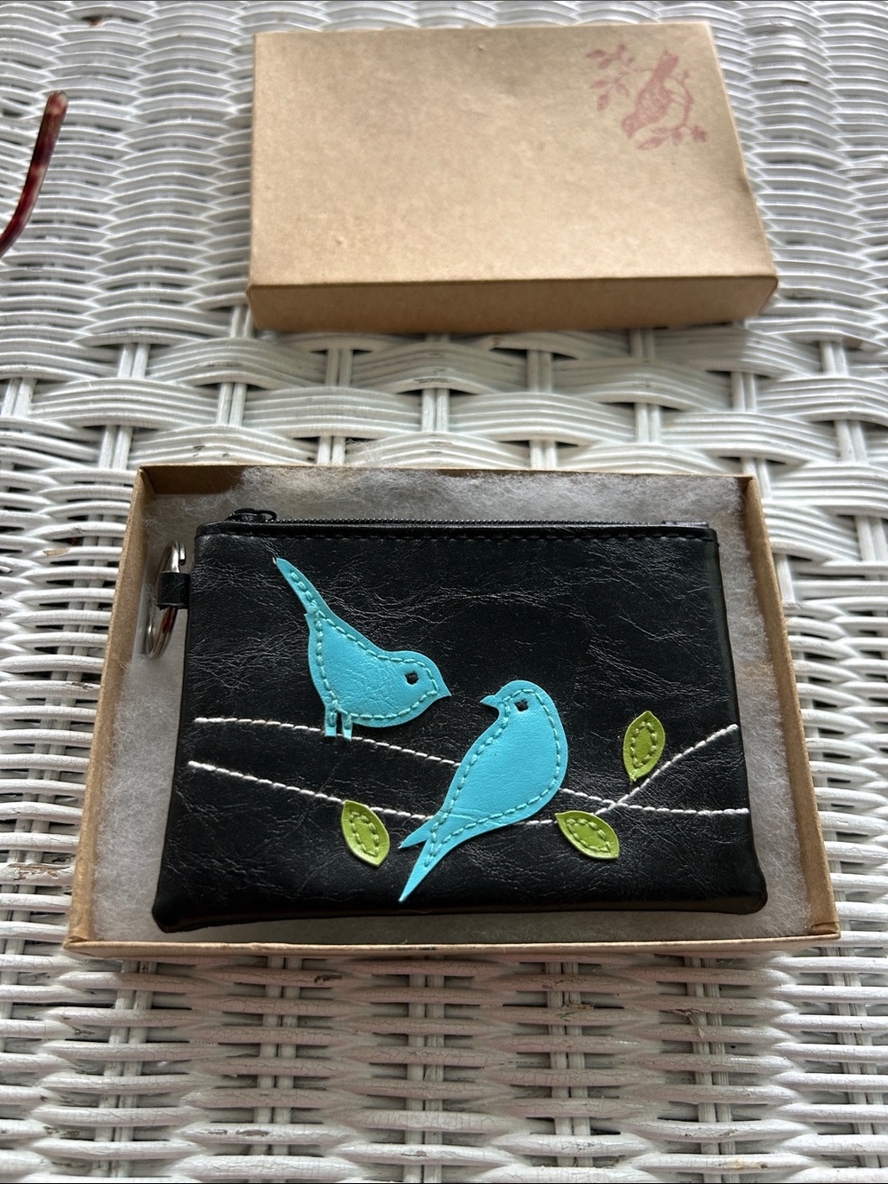 Lavishly Vegan/Faux Leather Zip Card and Key Holder with Aqua Bird Appliqué